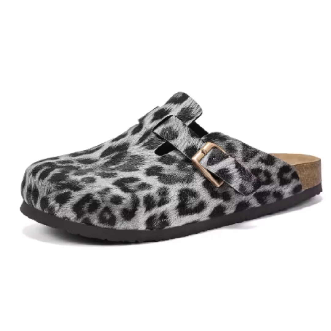 Camilla | Zoccoli Donna in Pelle Leopardata con Fibbia Regolabile