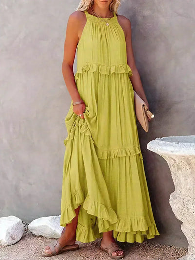 Emilia | Abito Maxi Elegante con Collo All’Americana e Dettagli a Rouches