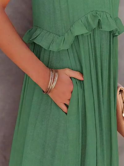 Emilia | Abito Maxi Elegante con Collo All’Americana e Dettagli a Rouches