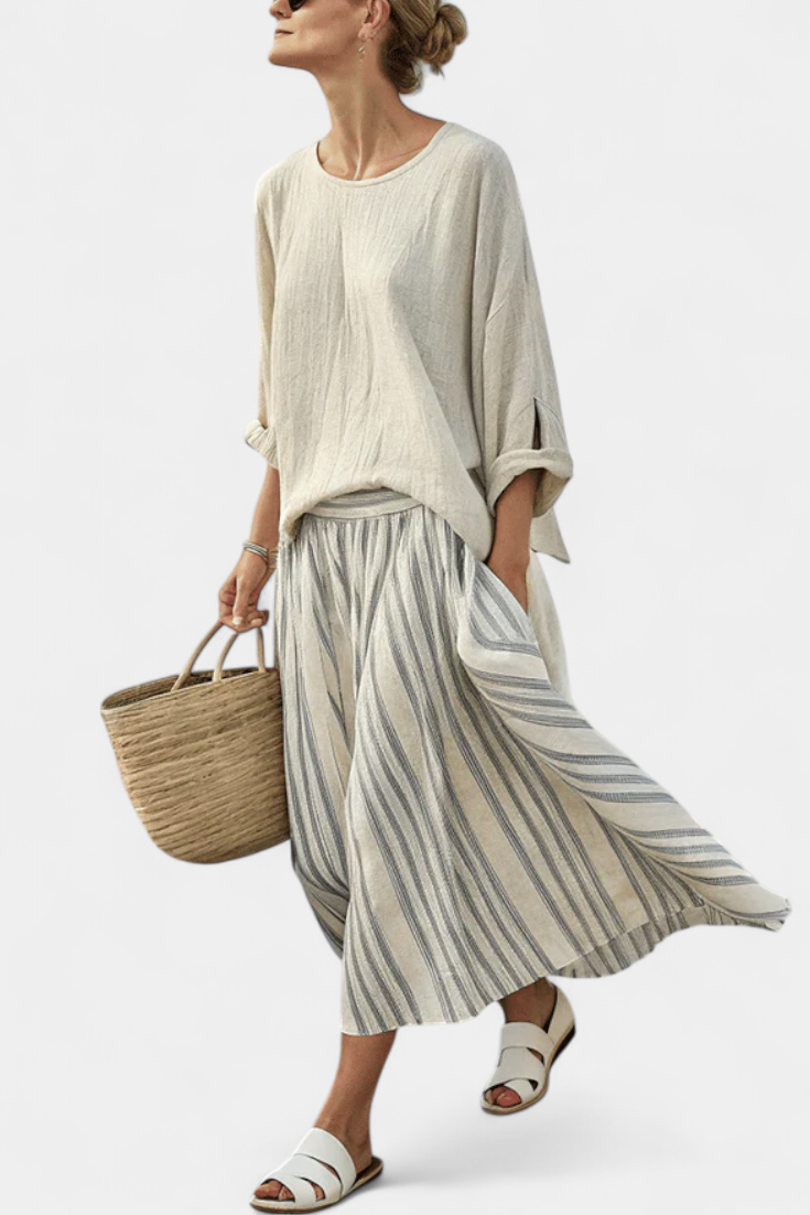 Lilia | Completo Blusa a Manica Scivolata e Gonna Midi a Righe