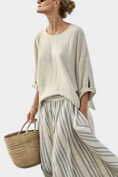 Lilia | Completo Blusa a Manica Scivolata e Gonna Midi a Righe