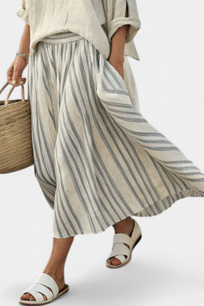 Lilia | Completo Blusa a Manica Scivolata e Gonna Midi a Righe