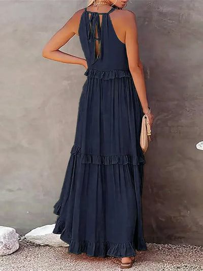 Emilia | Abito Maxi Elegante con Collo All’Americana e Dettagli a Rouches