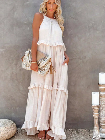 Emilia | Abito Maxi Elegante con Collo All’Americana e Dettagli a Rouches