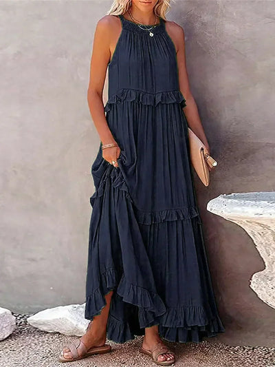 Emilia | Abito Maxi Elegante con Collo All’Americana e Dettagli a Rouches