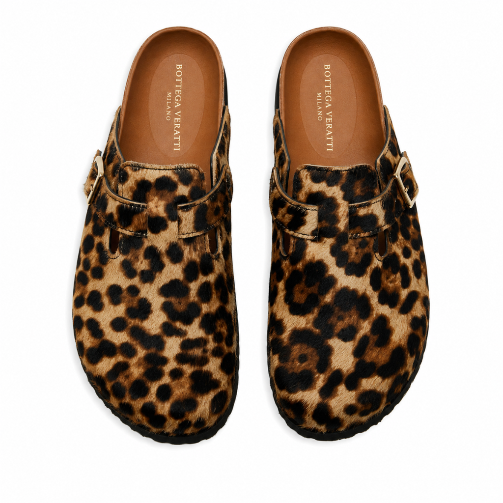 Camilla | Zoccoli Donna in Pelle Leopardata con Fibbia Regolabile