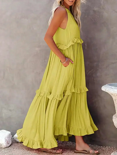Emilia | Abito Maxi Elegante con Collo All’Americana e Dettagli a Rouches