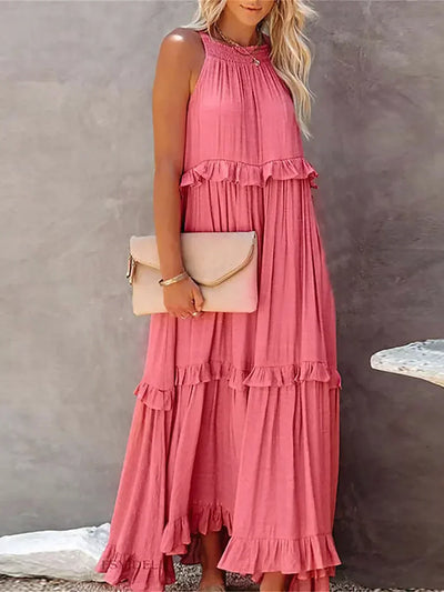 Emilia | Abito Maxi Elegante con Collo All’Americana e Dettagli a Rouches
