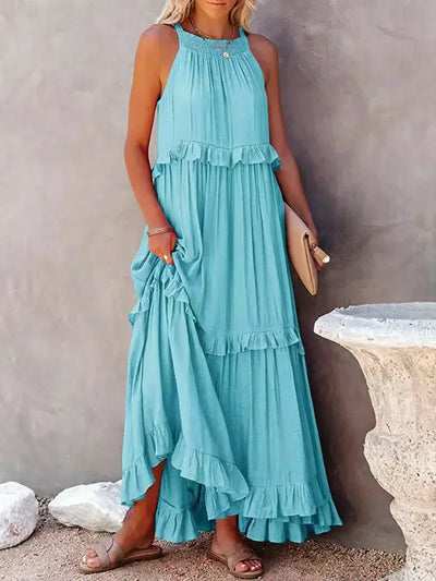 Emilia | Abito Maxi Elegante con Collo All’Americana e Dettagli a Rouches