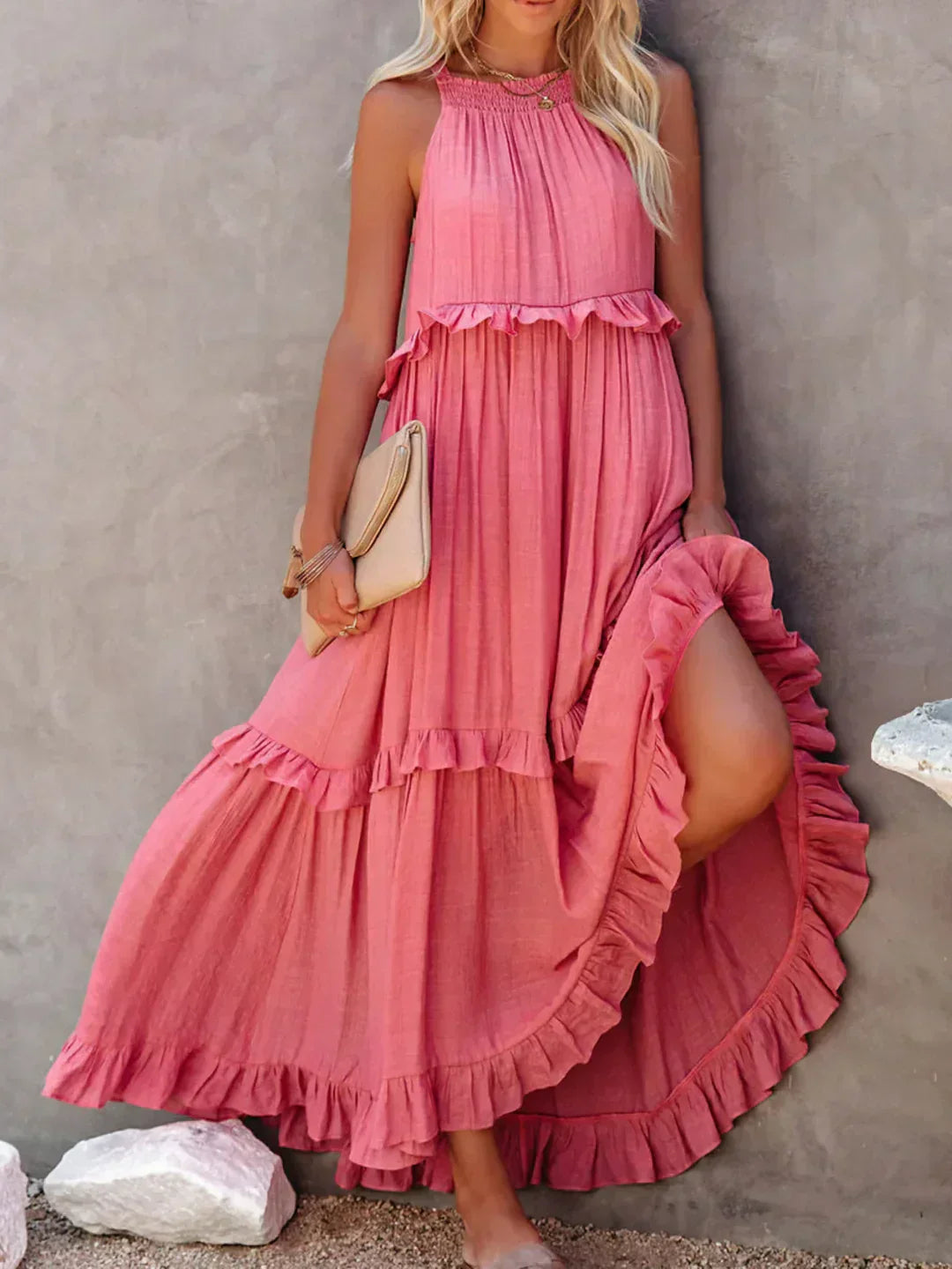 Emilia | Abito Maxi Elegante con Collo All’Americana e Dettagli a Rouches