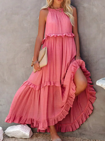Emilia | Abito Maxi Elegante con Collo All’Americana e Dettagli a Rouches