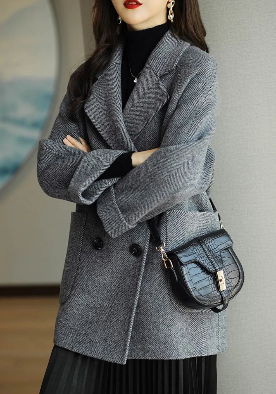 Elena | Cappotto Doppiopetto Autunnale con Colletto a Rever e Tasche Oversize