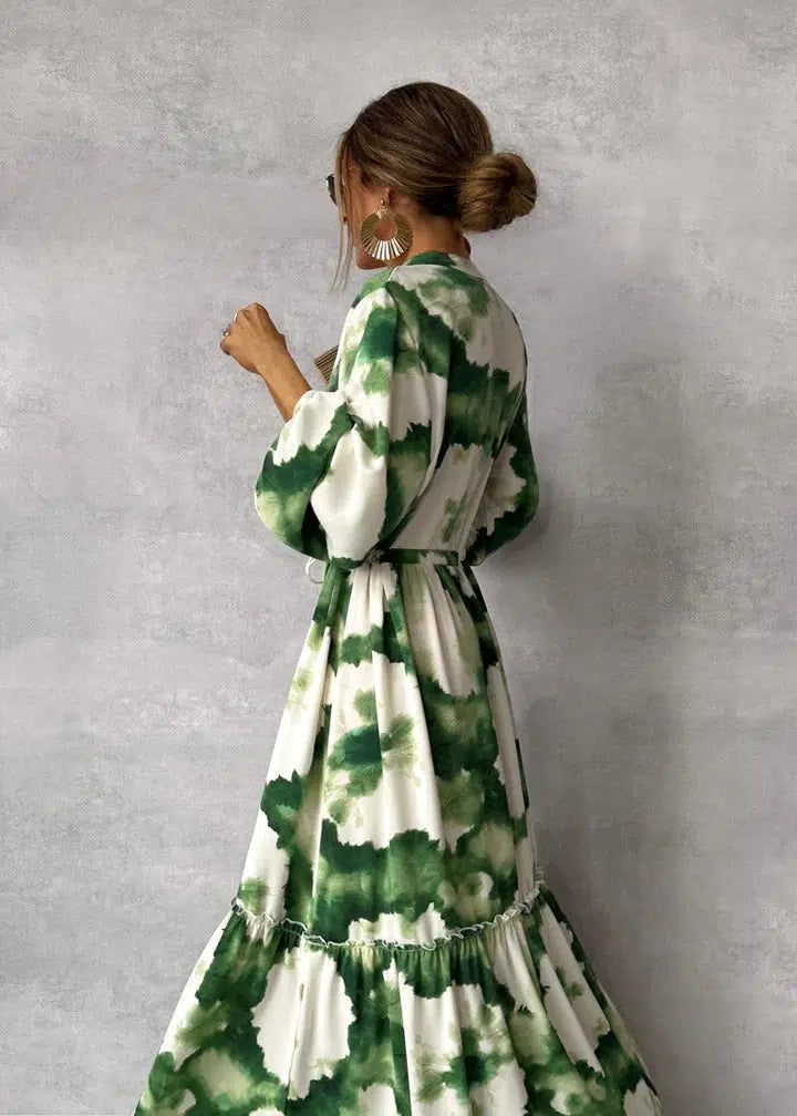 Elna | Abito Lungo Verde Con Maniche Lunghe E Scollo A V