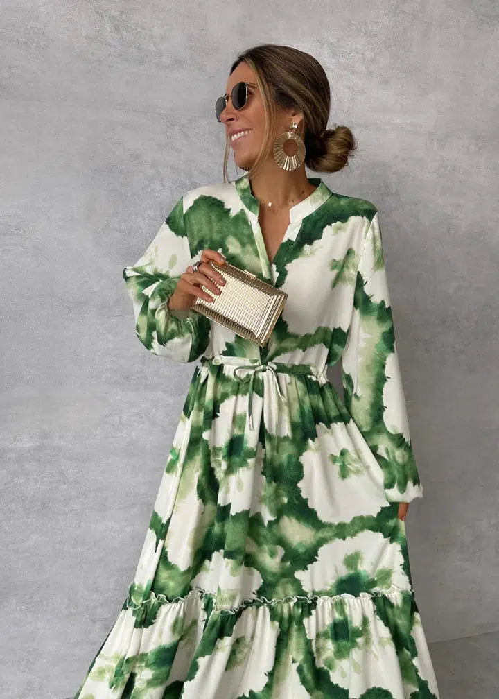 Elna | Abito Lungo Verde Con Maniche Lunghe E Scollo A V