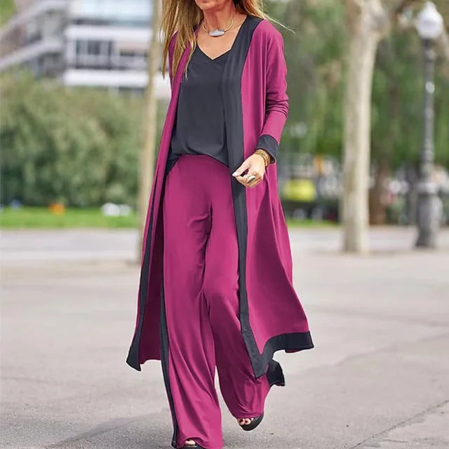 Amelia - Set 3 pezzi Pantaloni larghi + Cardigan lungo aperto e camicetta