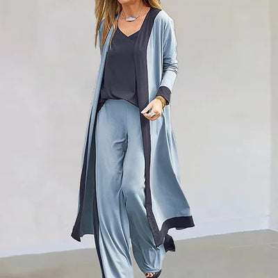 Amelia - Set 3 pezzi Pantaloni larghi + Cardigan lungo aperto e camicetta