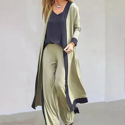 Amelia - Set 3 pezzi Pantaloni larghi + Cardigan lungo aperto e camicetta