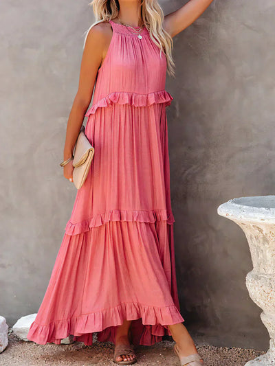 Emilia | Abito Maxi Elegante con Collo All’Americana e Dettagli a Rouches