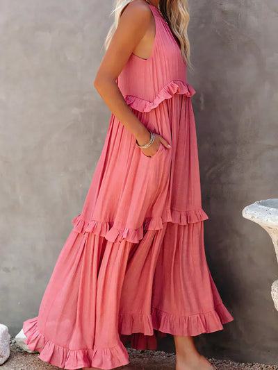 Emilia | Abito Maxi Elegante con Collo All’Americana e Dettagli a Rouches