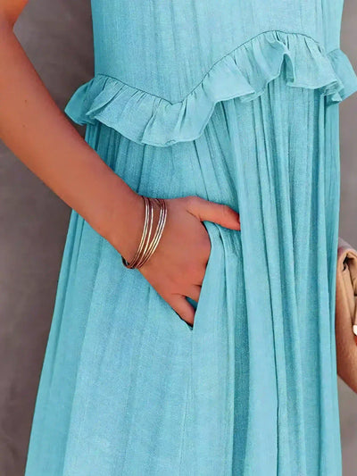 Emilia | Abito Maxi Elegante con Collo All’Americana e Dettagli a Rouches