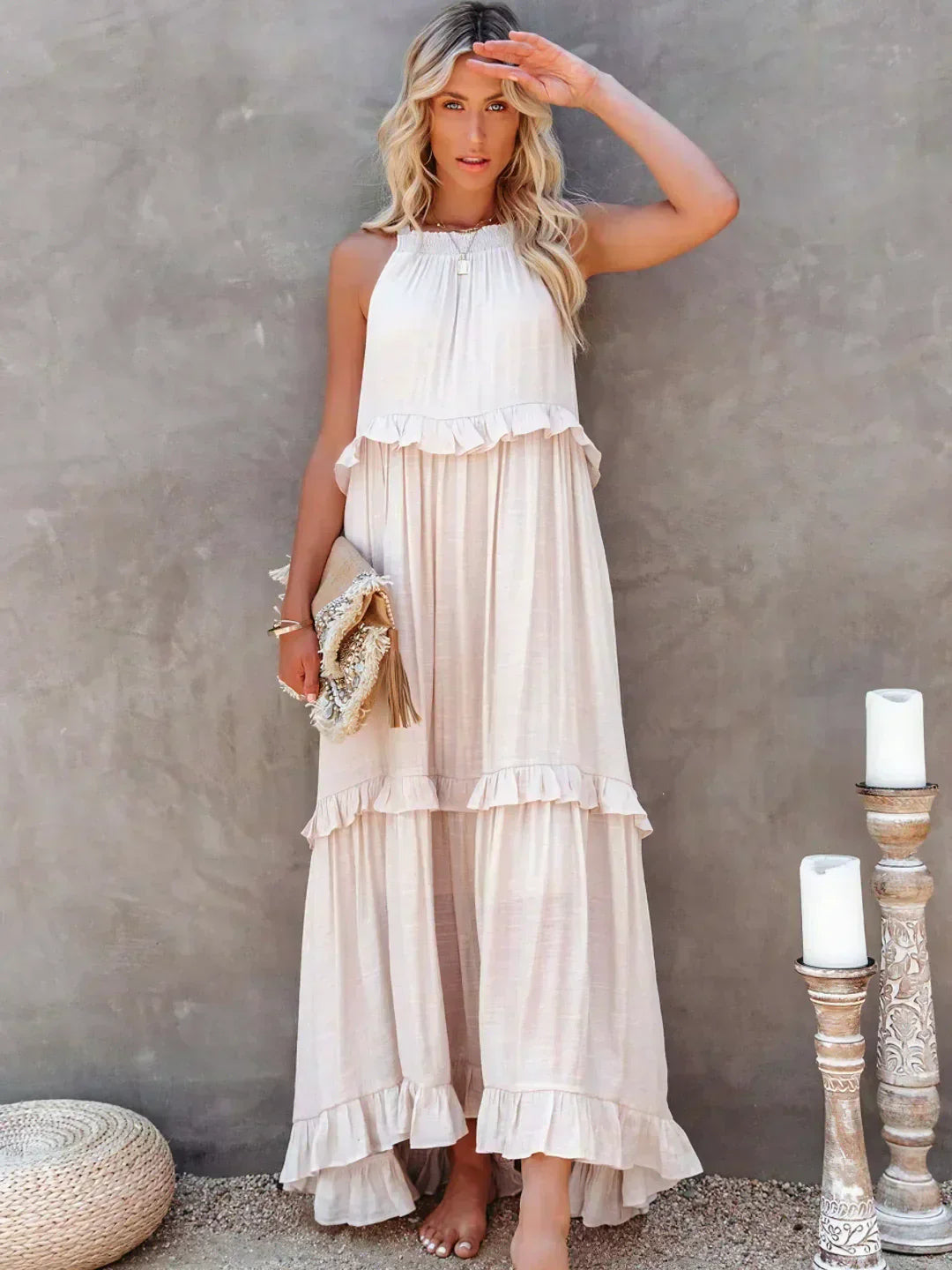 Emilia | Abito Maxi Elegante con Collo All’Americana e Dettagli a Rouches