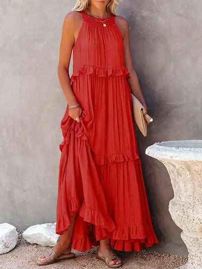 Emilia | Abito Maxi Elegante con Collo All’Americana e Dettagli a Rouches
